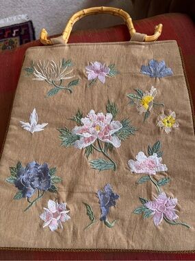 Embroidered Floral Bamboo-Handle Tote Bag - Tan